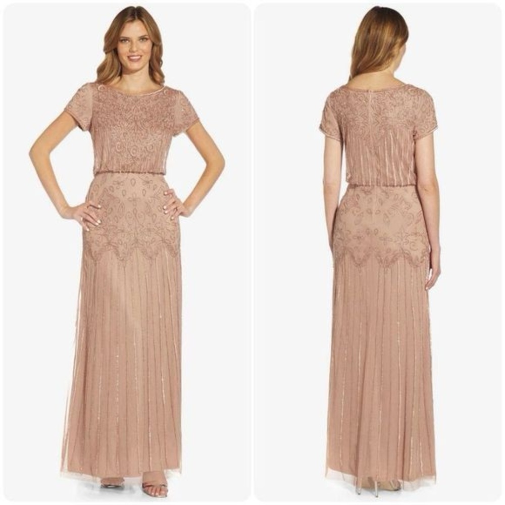 Adrianna Papell Plus Size Short Sleeve Blouson Beaded blush Gown